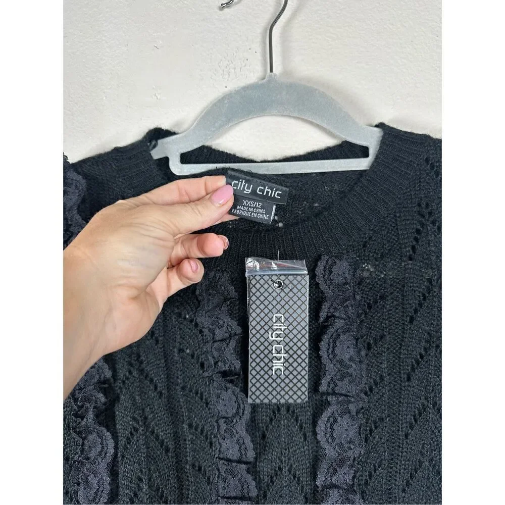 City Chic Jumper Bold Lace Woven Crewneck Sweater Ruffles NWT Sz XXS
